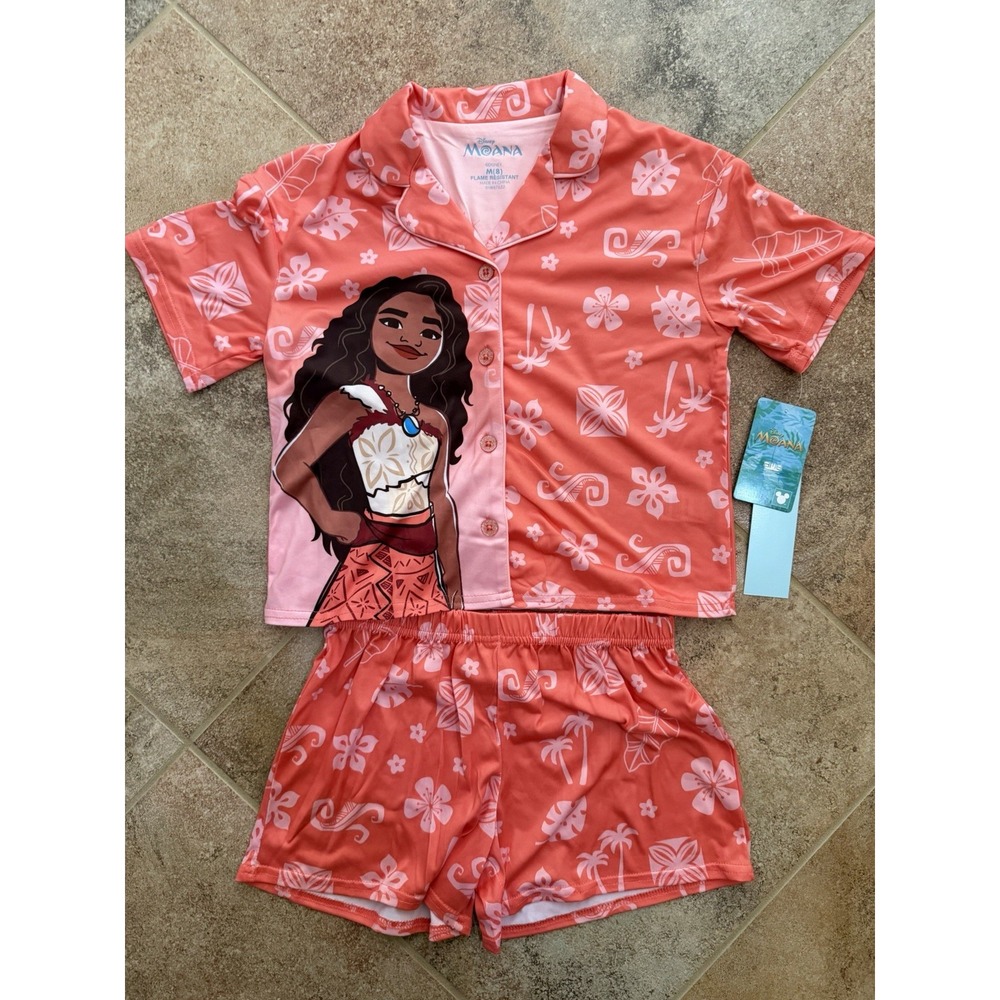 Girls' Disney Moana Short Sleeve Button-Up Pajama Set Coral Medium NWT Florals